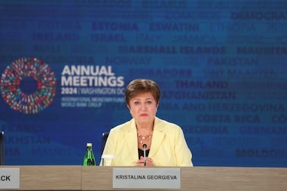 La directora general del Fondo Monetario Internacional (FMI), Kristalina Georgieva, este jueves durante la cumbre conjunta del organismo y el Banco Mundial celebrada en Washington, Estados Unidos.