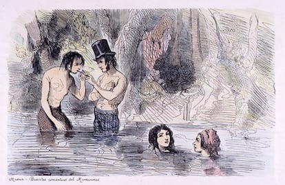 Grabado de unos bañistas en el Manzanares, en el siglo XIX.
