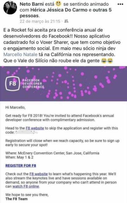 Print da publicação de Neto Barni, comemorando a ida à Conferência Anual do Facebook em maio.