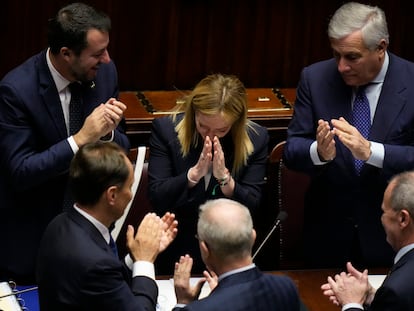 La primera ministra de Italia, Giorgia Meloni, durante la sesión de investidura en la Cámara de Diputados en Roma, este martes.