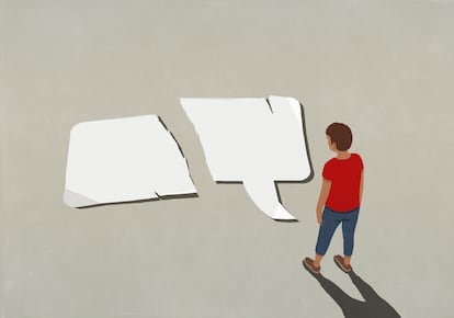 Man looking down at ripped speech bubble