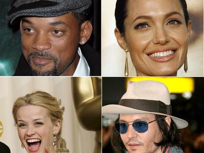 De izquierda a derecha y de arriba abajo, los actores estadounidenses Will Smith, Angelina Jolie, Reese Whiterspoon y Johnny Depp.