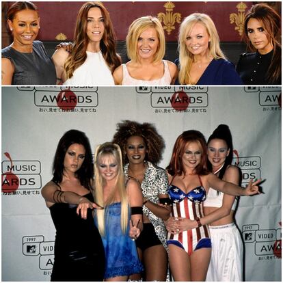 Las cinco componentes de las Spice Girls, en MTV Video Music Awards de 1997 y, a arriba, Mel B, Mel C, Geri Halliwell, Emma Bunton y Victoria Beckham, en junio de 2012.