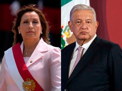 En una imagen compuesta, Dina Boluarte, presidenta del Perú, junto a Andrés Manuel López Obrador, presidente de México.