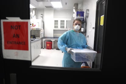 A microbiologist analyzing poultry samples for the presence of avian influenza at the Wisconsin Veterinary Diagnostic Laboratory in March 2022.