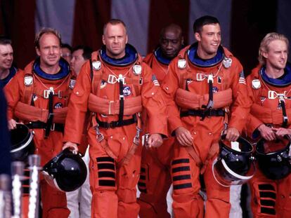 From left to right: Steve Buscemi, Will Patton, Bruce Willis, Michael Clarke Duncan, Ben Affleck and Owen Wilson – the highly-trusted men who represent humanity's last hope in the 1998 film Armageddon.