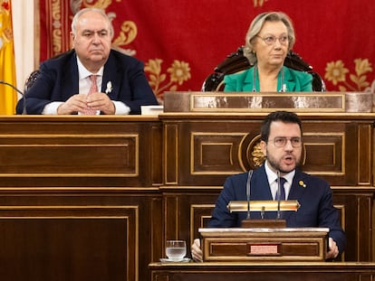 El presidente de la Generalitat, Pere Aragonés, interviene en la Comisión General de las Comunidades Autónomas, este jueves en el Senado.