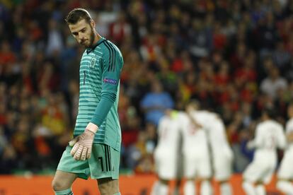 El portero de la selección española de fútbol David de Gea tras encajar el primer gol de Inglaterra.