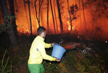 A las brigadas contraincendios de la Xunta de Galicia y del Ministerio de Medio Ambiente, desplazadas desde la base Laza (Ourense),  se han unido medio centenar de miembros de la Unidad Militar de Emergencias 