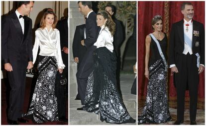 Las revistas de moda y estilistas han coronado este 2017 a doña Letizia como una de las reinas más elegantes, y es que ampliar su vestuario a nuevos diseñadores así como seguir las tendencias, tanto en el vestir como en los peinados y el maquillaje, parece haber sido lo que le ha dado ese título. Pero este año la reina Letizia también ha querido tirar de fondo de armario. Por ejemplo, a principios de noviembre acudió a una cena de gala con una falda de Lorenzo Caprile que llevó por primera vez hace 13 años. Una pieza que primero llevó en 2004 en Nueva York con una camisa blanca (a la izquierda) y más tarde, en 2006 en un acto en honor de la visita a España del presidente de Portugal (en el centro de la imagen).