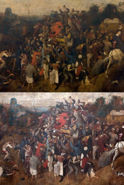 El cuadro llegó al Prado en un estado muy deteriorado (arriba). Tras casi dos años de trabajo, la pieza ha recobrado su esplendor.