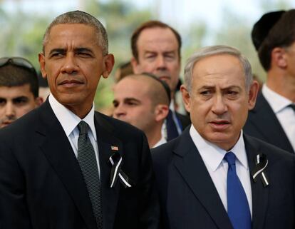 Obama y Netanyahu en el funeral de Peres, en Jerusalén en septiembre.