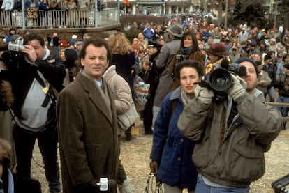 Bill Murray, Andie MacDowell y Chris Elliott en 'Atrapado en el tiempo'.