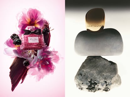 A la izda., frasco de Miss Dior Essence, concebido por Francis Kurkdjian como una versión más exuberante y actual del clásico de 1947; a la dcha., perfume Moonstone de Aristocrazy, inspirado en la piedra luna, un cristal de piedra volcánica. Se trata de un jugo floral ambarino con notas de salida de pera y bergamota, un corazón de flor de tiaré y jazmín y, de fondo, mezcla de sándalo y vainilla.