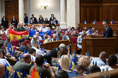 Pedro Sánchez, durante su discurso dirigido a la Rada Suprema, el Parlamento ucranio, este sábado en Kiev. 