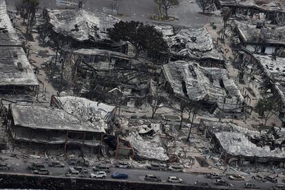 Views from the air of the community of Lahaina after wildfires driven by high winds burned across most of the town several days ago, in Lahaina, Maui, Hawaii, on August 10, 2023.