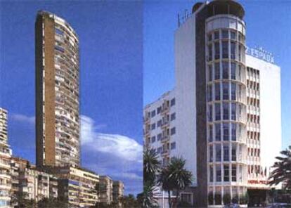 A la izquierda, torre Vistamar, de la Albufera de Alicante, obra de Juan Guardiola. A la derecha, hotel Pez Espada, de Torremolinos, diseñado por Juan Jáuregui.