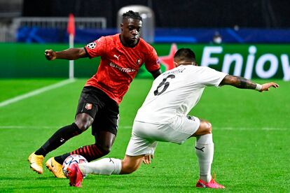 Doku, en el partido de Liga de Campeones del Rennes ante el Krasnodar.