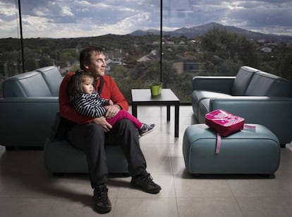 Jesús Fuente, 46, and his three-year-old daughter Irene, who live in Venturada, a town whose population has quadrupled in the past 20 years and now stands at 2,032.