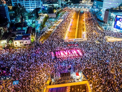Vista aérea de la manifestación contra la reforma judicial, el 18 de marzo en Tel Aviv.