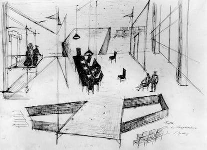 Dibujo para una escena de la obra teatral 'En la colonia penitenciaria', basada en un cuento homónimo de Franz Kafka.