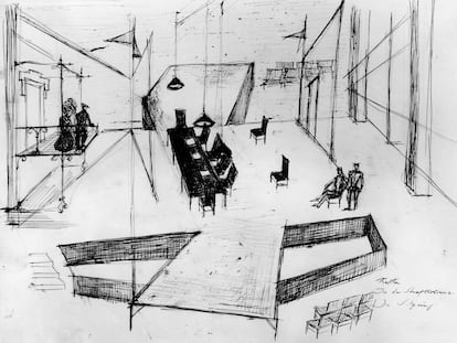 Dibujo para una escena de la obra teatral 'En la colonia penitenciaria', basada en un cuento homónimo de Franz Kafka.