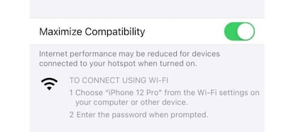 Menú de compatibilidad del punto de acceso wifi con iPhone 12.