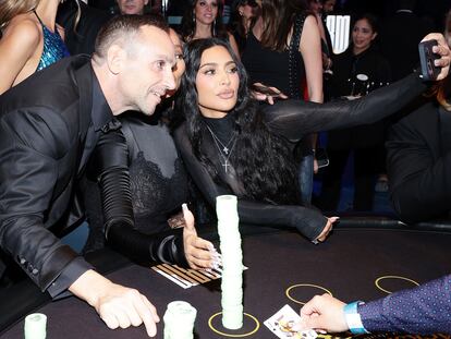 Michael Rubin and Kim Kardashian take a photo with LaLa Anthony at a charity benefit for Reform Alliance, founded by Rubin, in September 2023 in Atlantic City, New Jersey.