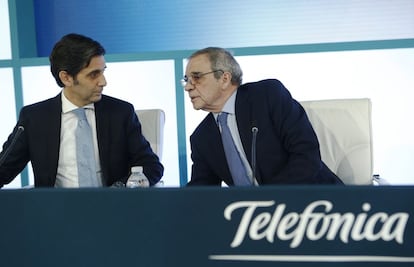 Jos&eacute; Mar&iacute;a &Aacute;lvarez-Pallete y C&eacute;sar Alierta en una presentaci&oacute;n de Telef&oacute;nica.