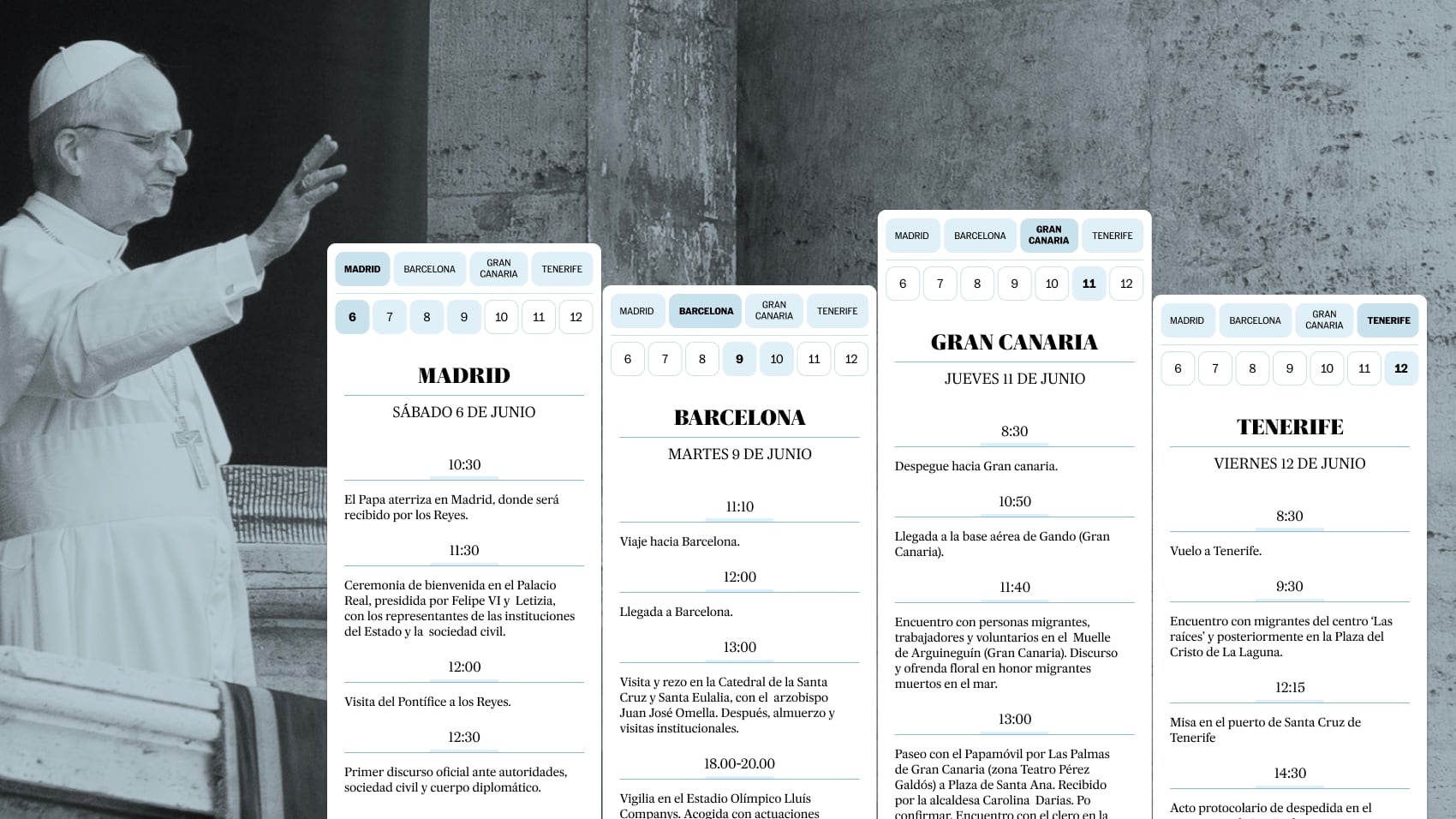 Agenda interactiva de la visita del papa León XIV a España por días y ciudades
