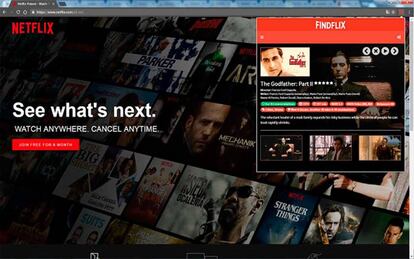 La ventana emergente de FindFlix nos sugiere los temas más afines a nuestros gustos