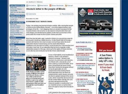 Imagen de la página web del periódico 'Chicago Sun-Times' que recoge la carta de Obama a los ciudadanos de Illinois