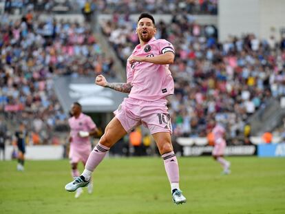 Inter Miami CF forward Lionel Messi (10) celebrates after scoring a goal against the Philadelphia Union during the first half at Subaru Park.