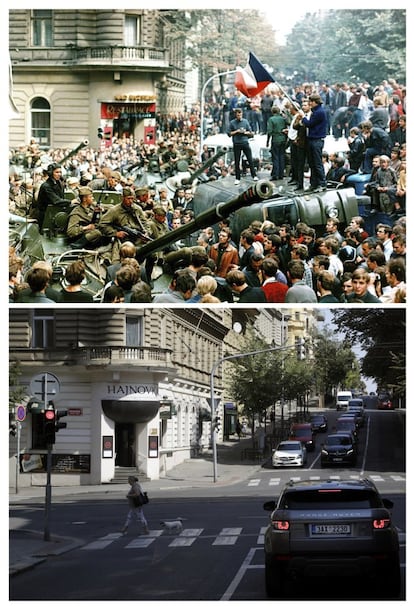 En la imagen superior, cientos de personas rodean un tanque en Praga el 21 de agosto de 1968. En la imagen inferior, coches circulan por una avenida de la capital checa el 16 de agosto de 2018.