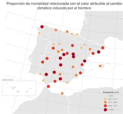 El mapa muestra el riesgo relativo de morir por calor antropogénico en las principales ciudades españolas.
