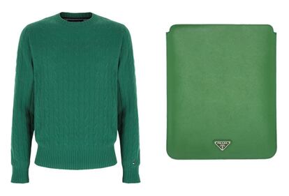 Tommy Hilfiger: clásico jersey de ochos en lana merino por 129 euros. Y Prada: funda para el indispensable iPad en piel. Precio: 200 euros.