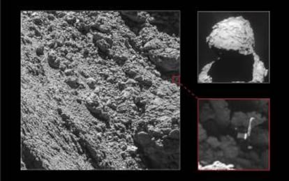 Imagen del cometa y, abajo a la derecha, 'Philae'.