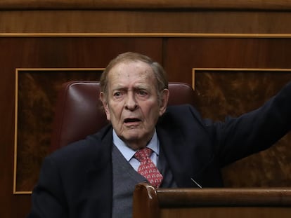 Ramón Tamames, durante la segunda jornada de la moción de censura de Vox.