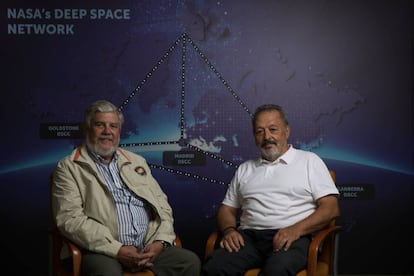 Jose Manuel Grandela (l) and Carlos González in the deep space monitoring station in Robledo de Chavela, Madrid.