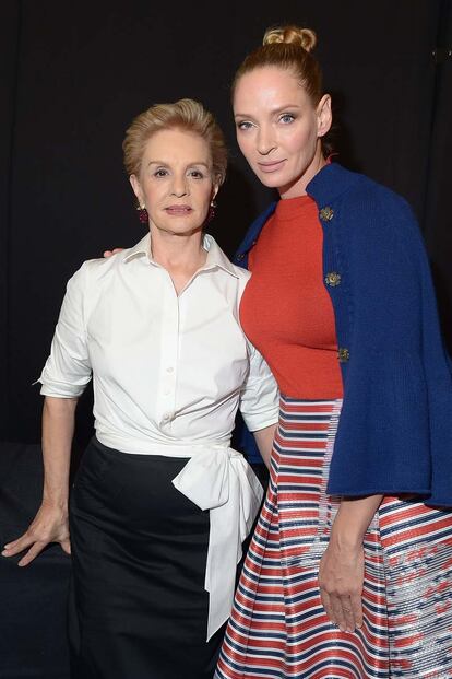 La dise?adora Carolina Herrera acompa?ada por una de sus invitadas ms esperadas, la actriz Uma Thurman.