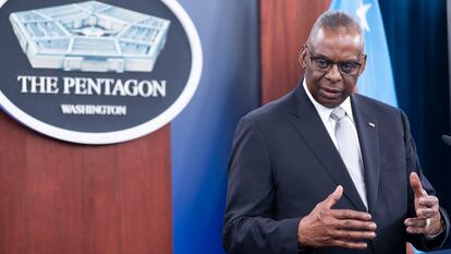 Defense Secretary Lloyd Austin speaks at a Pentagon press briefing at the Pentagon on Thursday, Feb. 1, 2024 in Washington