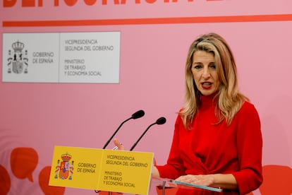 La vicepresidenta segunda y ministra de Trabajo, Yolanda Díaz, este jueves en el ministerio.