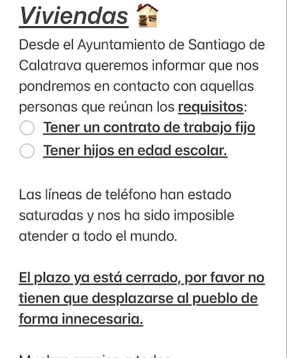 Anuncio en el Facebook de Santiago de Calatrava con la oferta de viviendas en alquiler del municipio. /