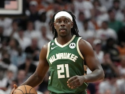 Milwaukee Bucks guard Jrue Holiday moves the ball down the court during the first half of Game 3 in a first-round NBA basketball playoff series against the Miami Heat, April 22, 2023, in Miami.