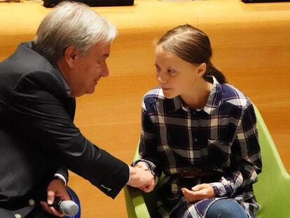 António Guterres y Greta Thunberg, este domingo en la sede de la ONU de Nueva York.