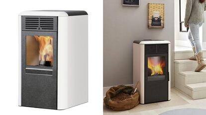 Este modelo de chimenea de 'pellets' se vende en un color blanco elegante y tiene una capacidad de 15 kg.