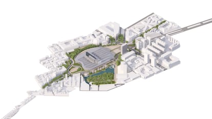 Vista virtual y aérea de la futura estación de Sants y su entorno.