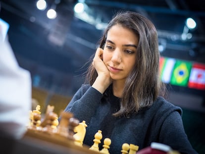 Sarasadat Khademalsharieh, playing without a hijab, during the FIDE World Rapid and Blitz Chess Championship in Almaty, Kazakhstan.