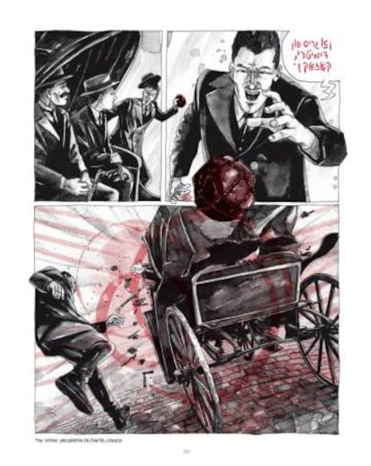 Momento del atentado de Simon Radowitzky, en una vi&ntilde;eta con el bocadillo en yiddish, del c&oacute;mic &#039;155&#039;. 