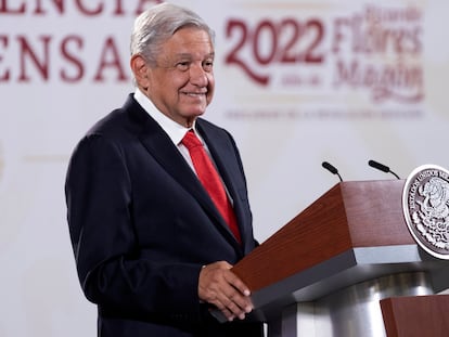 El presidente mexicano, Andrés Manuel López Obrador, durante una rueda de prensa hoy en Palacio Nacional.